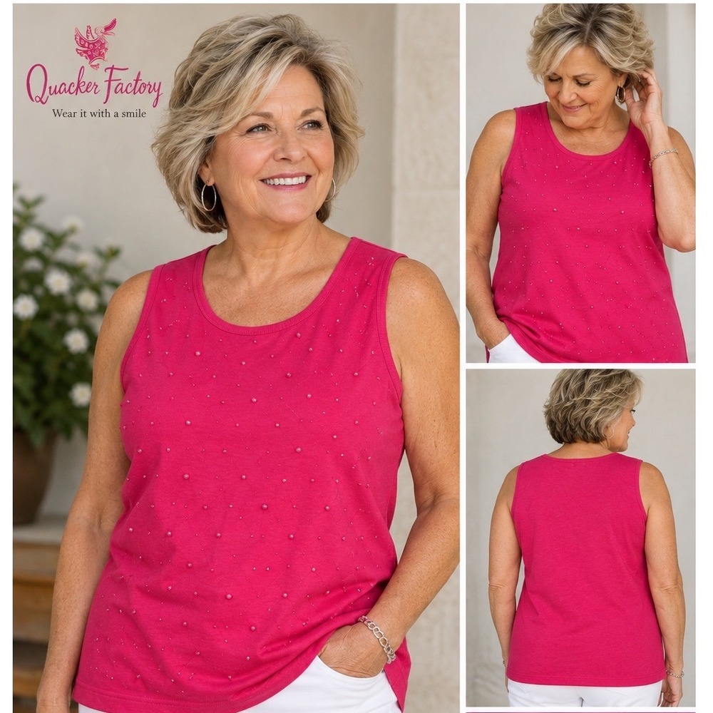 Quacker Factory Pink Beaded Tank Top Sleeveless Cotton Shell Large